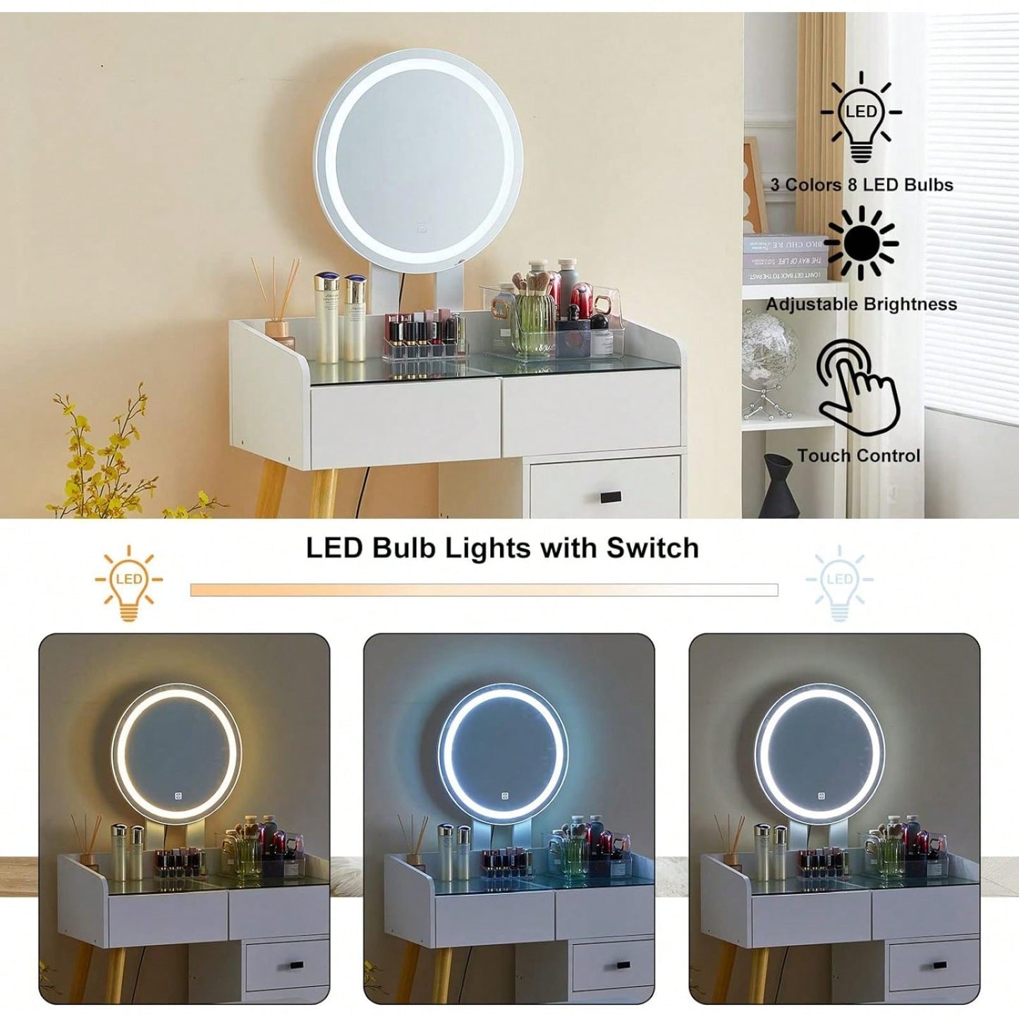 Dressing Table With LED Lights And Glass Top Extendable Side Table 5 Drawers Mirror Stool For Bedroom Makeup Vanity Storage Cabinet