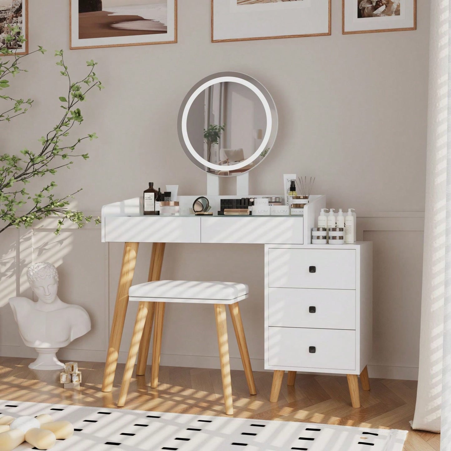 Dressing Table With LED Lights And Glass Top Extendable Side Table 5 Drawers Mirror Stool For Bedroom Makeup Vanity Storage Cabinet