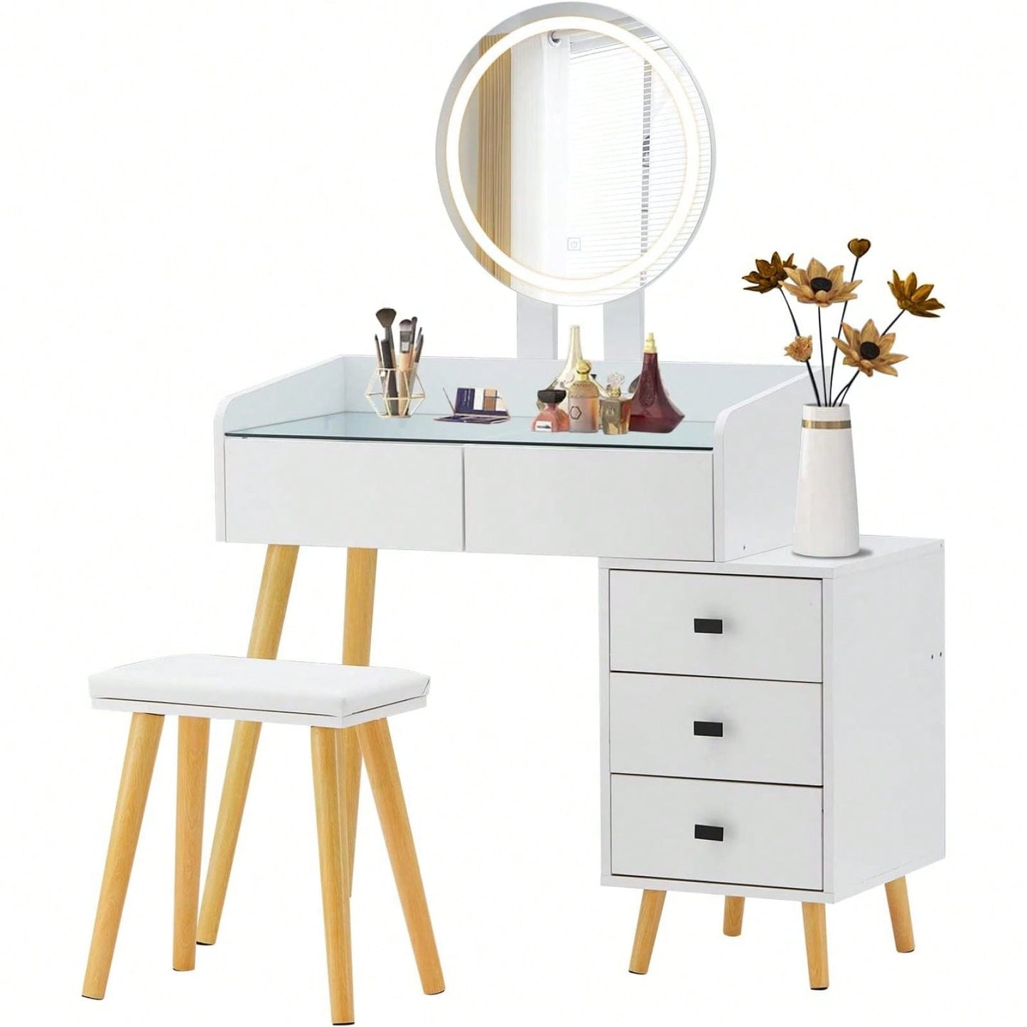 Dressing Table With LED Lights And Glass Top Extendable Side Table 5 Drawers Mirror Stool For Bedroom Makeup Vanity Storage Cabinet