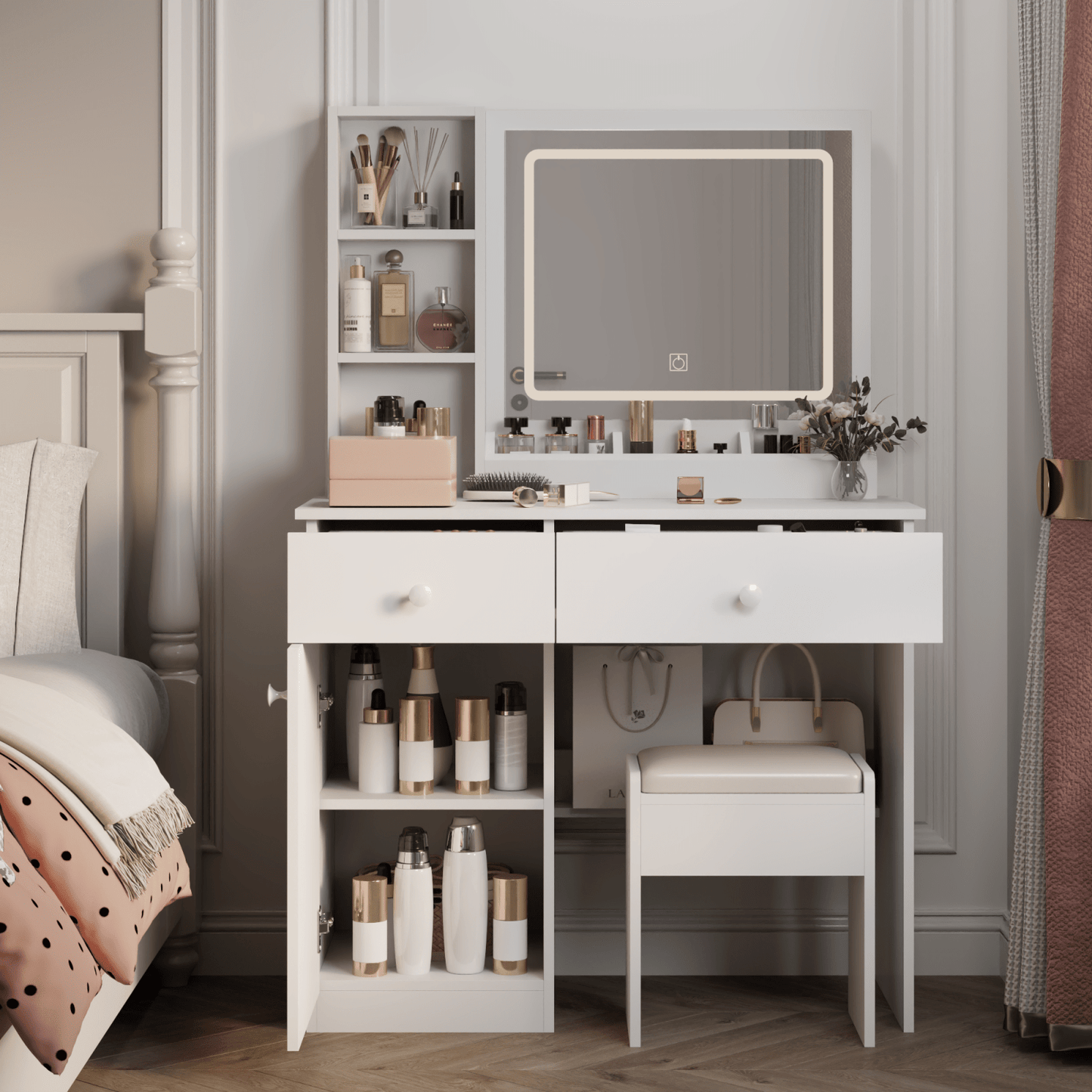 Elegant Vanity Desk with Large Mirror and Adjustable LED Lights for Makeup Storage and Organization