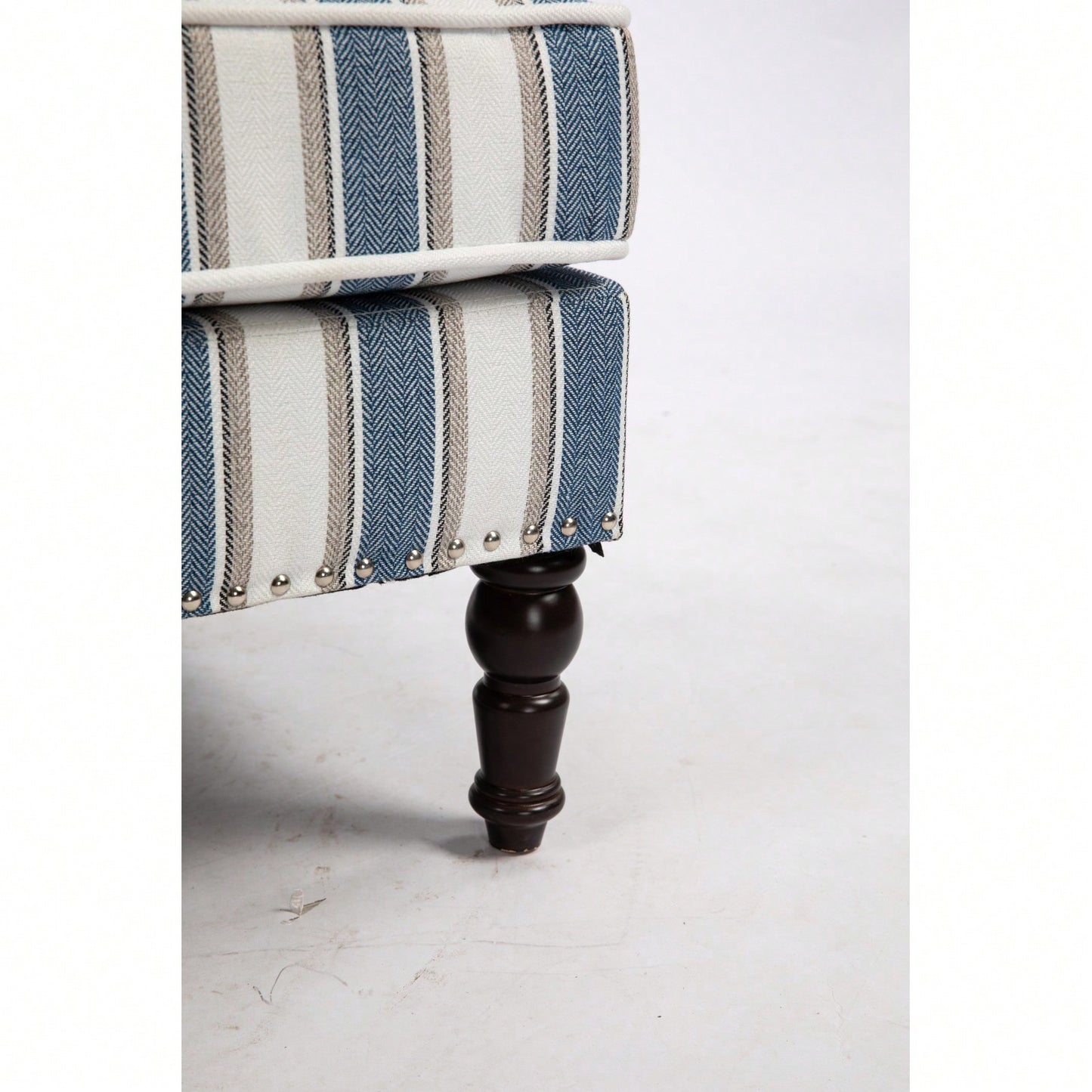 Vintage Blue and White Striped Upholstered Accent Chair with Nailhead Trim Cozy Sturdy Wood Frame Easy Assembly for Living Room