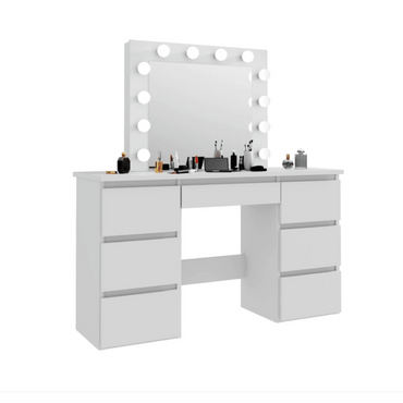 Large White Vanity Table with Adjustable LED Lights Ample Storage Contemporary Design for Bedroom or Makeup Studio