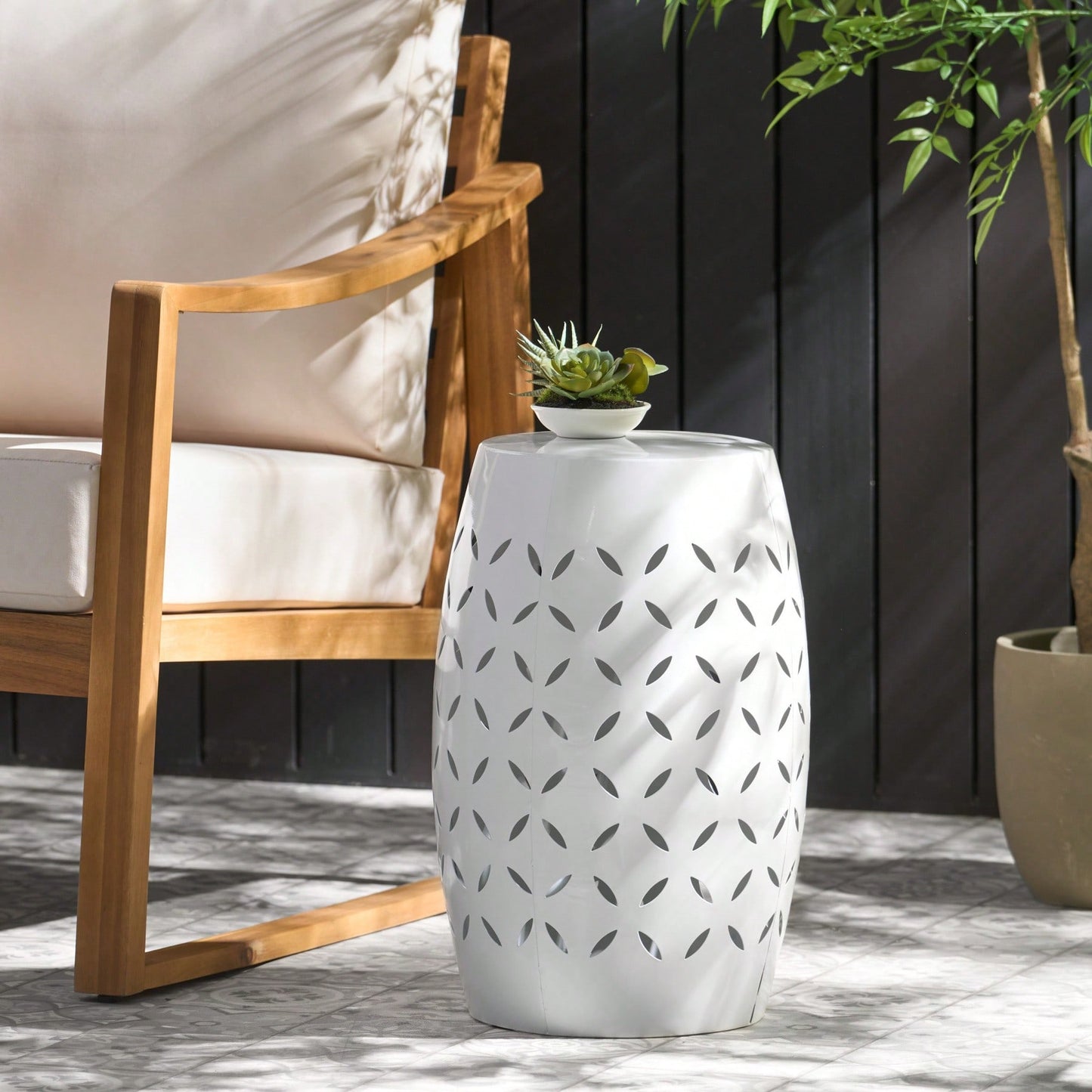 Weather Resistant 12 Inch Round Outdoor Metal Accent Table with Lace-Cut Design for Garden Balcony Small Spaces