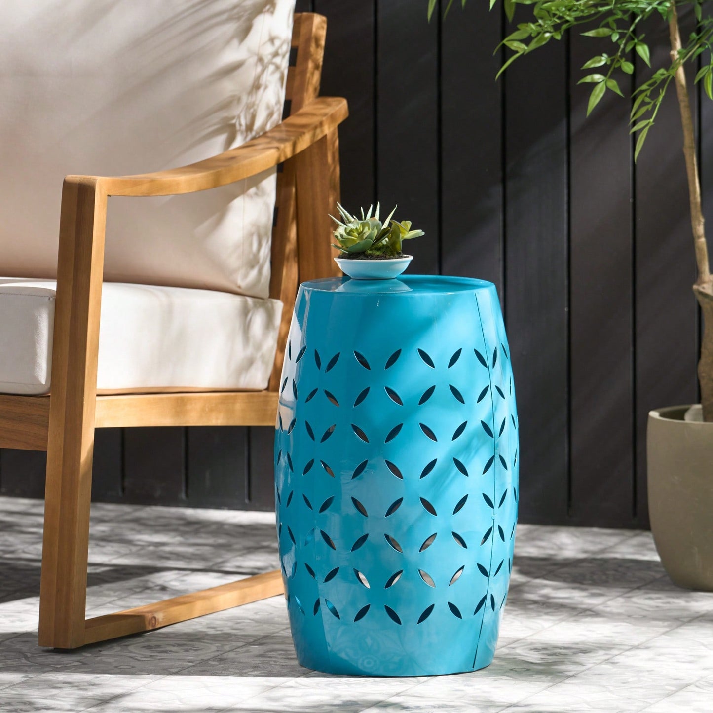 Weather Resistant 12 Inch Round Outdoor Metal Accent Table with Lace-Cut Design for Garden Balcony Small Spaces