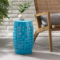 Weather Resistant 12 Inch Round Outdoor Metal Accent Table with Lace-Cut Design for Garden Balcony Small Spaces