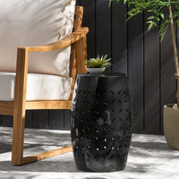 Weather Resistant 12 Inch Round Outdoor Metal Accent Table with Lace-Cut Design for Garden Balcony Small Spaces