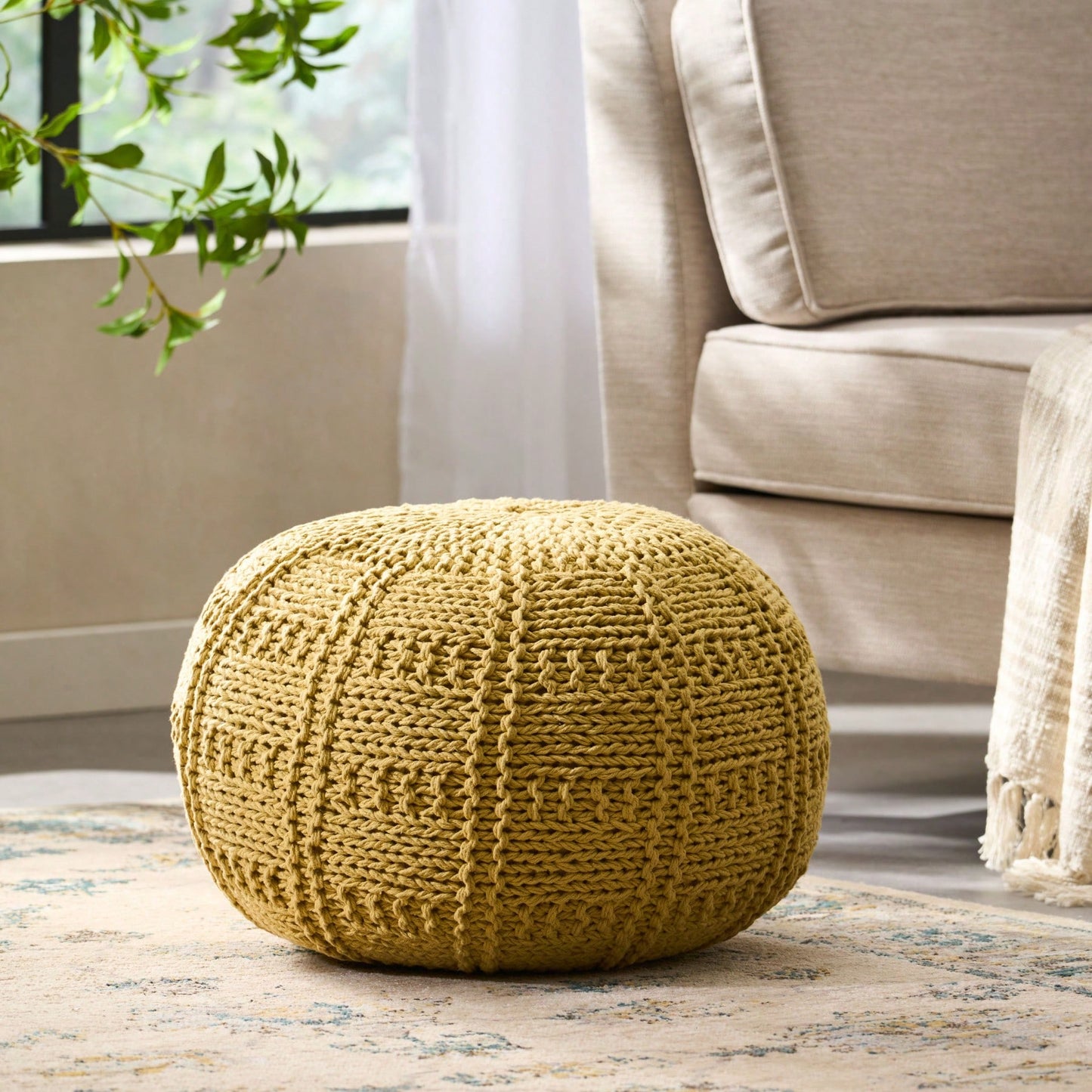 YUNY Knitted Cotton Round Pouf (20 X 20)