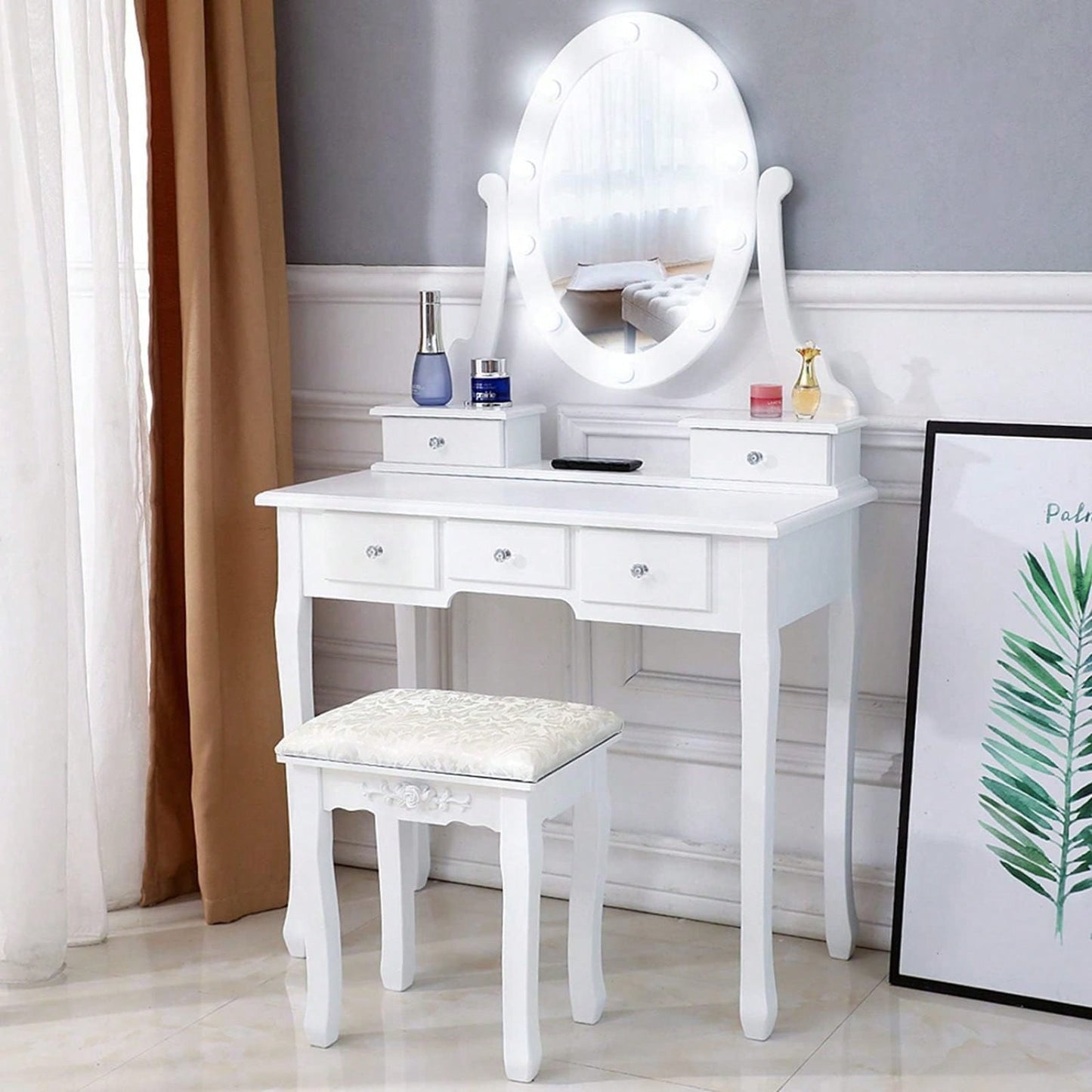 Makeup Vanity Desk And Stool Set With Lights, Small White Dressing Table And Mirror For Bedroom, Elegant Makeup Station With Storage Drawers