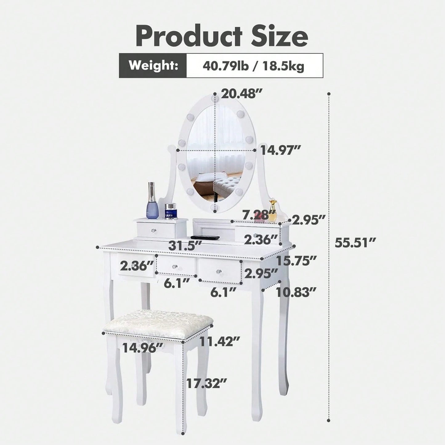 Makeup Vanity Desk And Stool Set With Lights, Small White Dressing Table And Mirror For Bedroom, Elegant Makeup Station With Storage Drawers