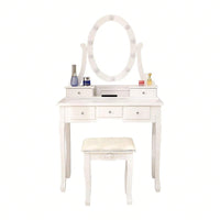 Makeup Vanity Desk And Stool Set With Lights, Small White Dressing Table And Mirror For Bedroom, Elegant Makeup Station With Storage Drawers