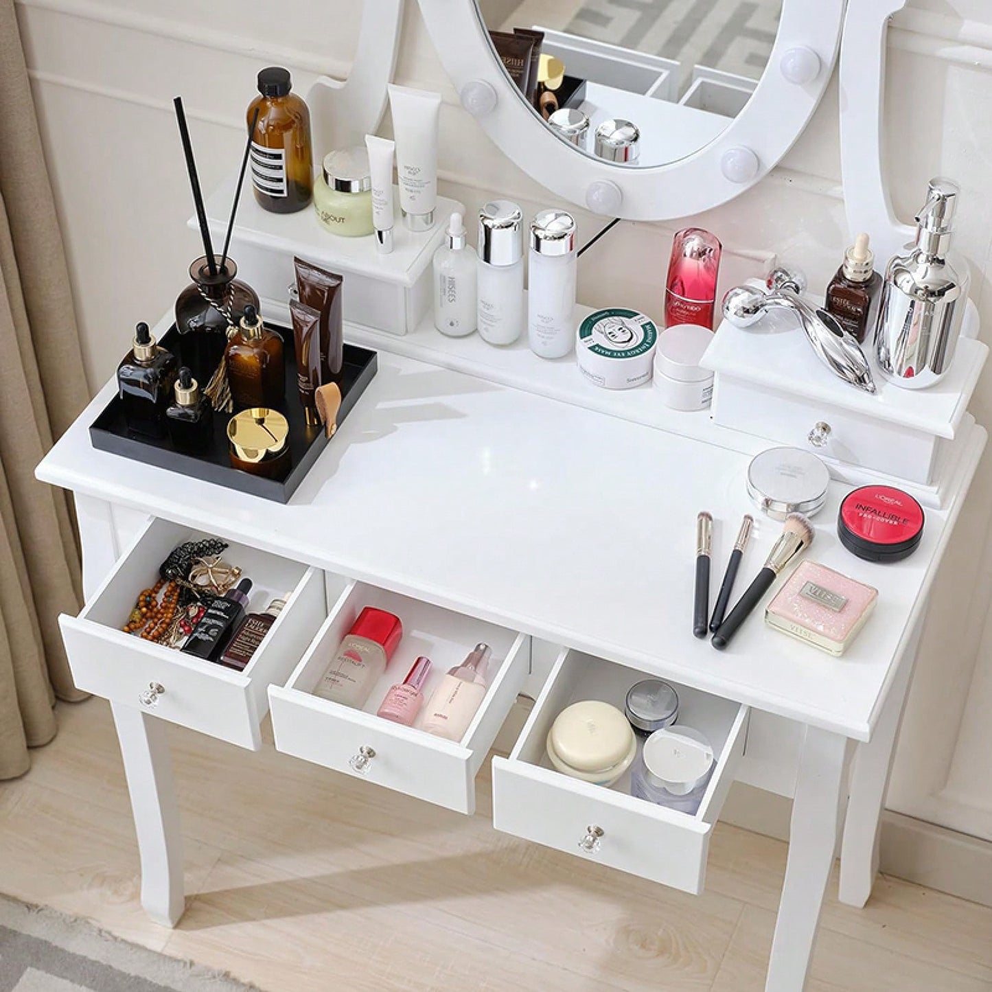 Makeup Vanity Desk And Stool Set With Lights, Small White Dressing Table And Mirror For Bedroom, Elegant Makeup Station With Storage Drawers