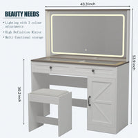 Elegant Makeup Vanity Table with Large Mirror and Adjustable LED Lights, 3 Drawer MDF Dressing Desk for Dressing Room, White with Stool