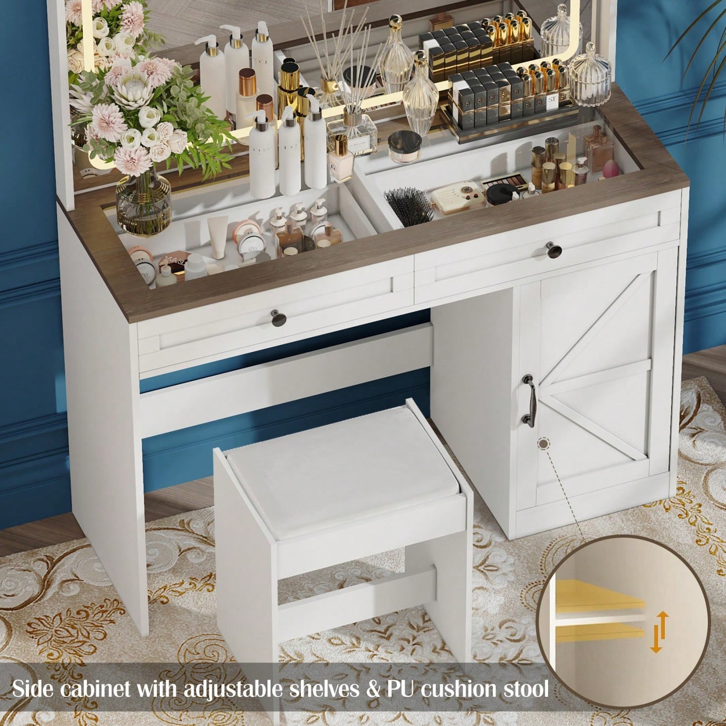 Elegant Makeup Vanity Table with Large Mirror and Adjustable LED Lights, 3 Drawer MDF Dressing Desk for Dressing Room, White with Stool