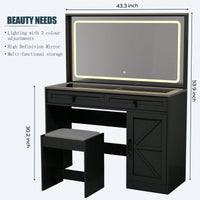 Elegant Makeup Vanity Table with Large Mirror and Adjustable LED Lights, 3 Drawer MDF Dressing Desk for Dressing Room, White with Stool