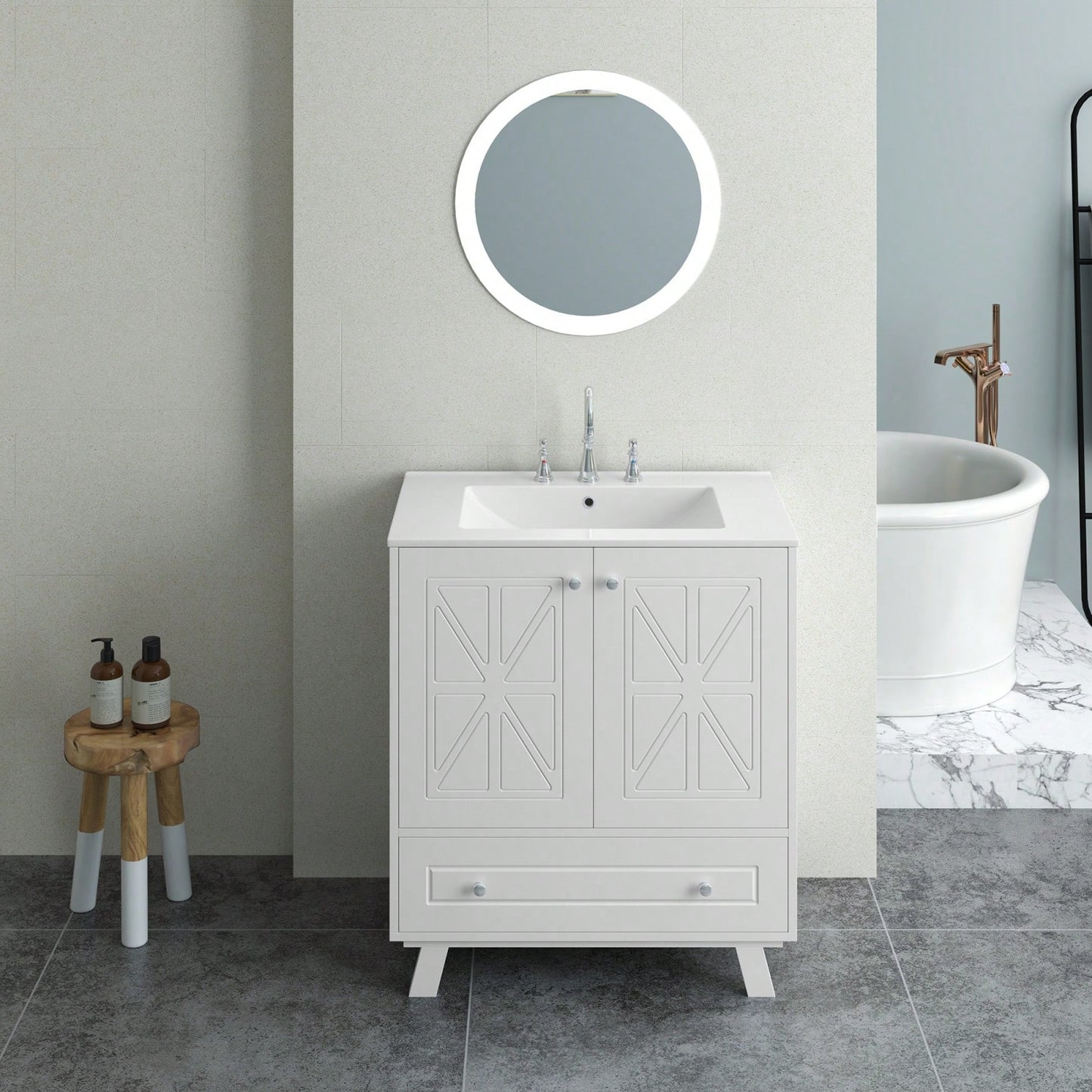 30 Inch Bathroom Vanity With Ceramic Basin Spacious Storage MDF And Solid Wood Legs Buffered Doors Easy Assembly