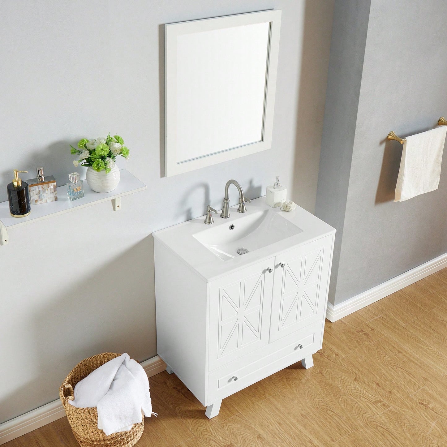 30 Inch Bathroom Vanity With Ceramic Basin Spacious Storage MDF And Solid Wood Legs Buffered Doors Easy Assembly