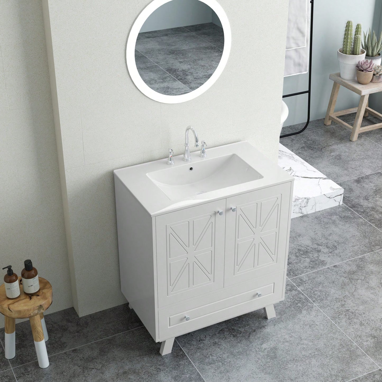 30 Inch Bathroom Vanity With Ceramic Basin Spacious Storage MDF And Solid Wood Legs Buffered Doors Easy Assembly