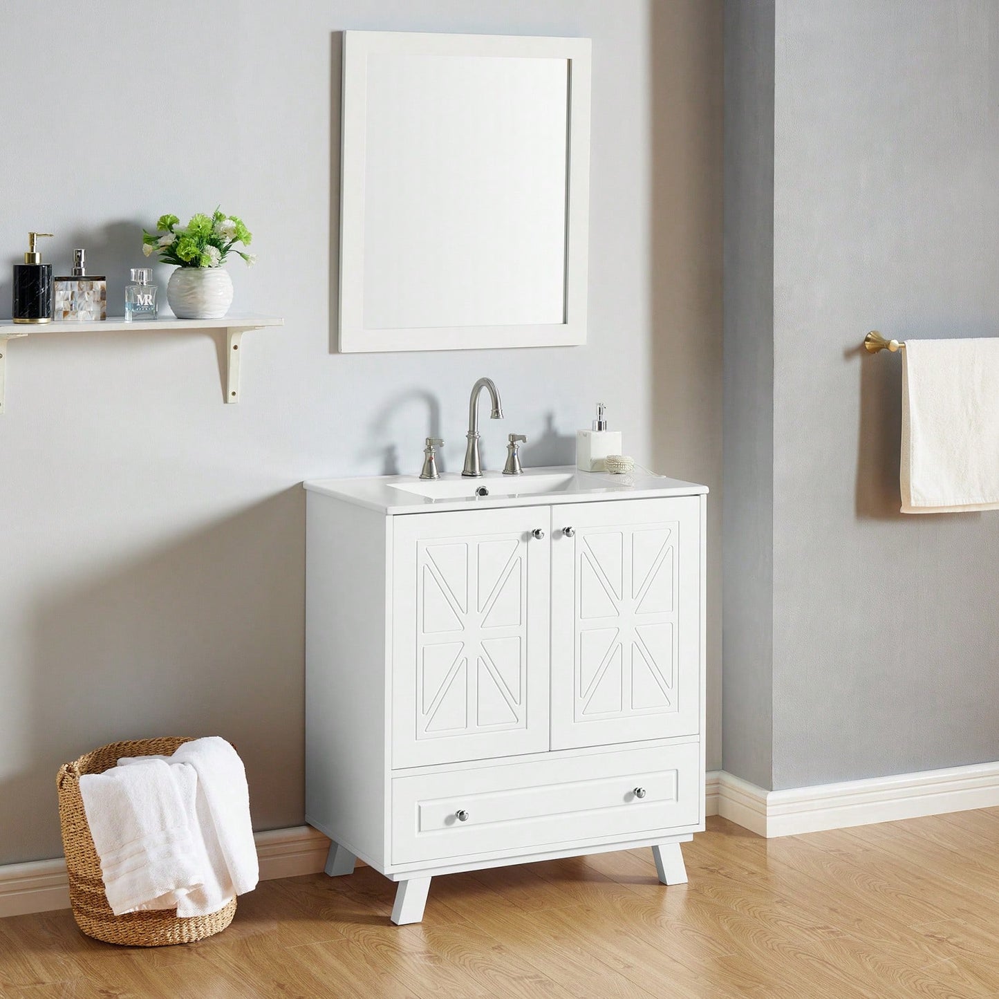 30 Inch Bathroom Vanity With Ceramic Basin Spacious Storage MDF And Solid Wood Legs Buffered Doors Easy Assembly