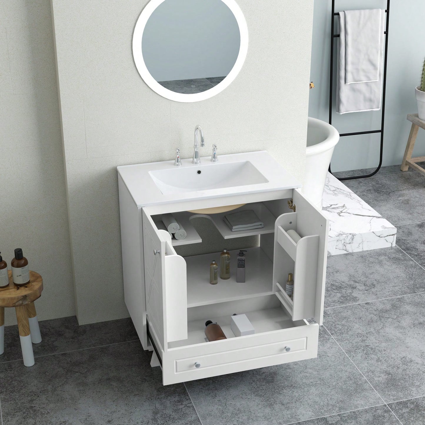 30 Inch Bathroom Vanity With Ceramic Basin Spacious Storage MDF And Solid Wood Legs Buffered Doors Easy Assembly