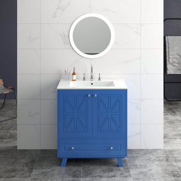 30 Inch Bathroom Vanity With Ceramic Basin Spacious Storage MDF And Solid Wood Legs Buffered Doors Easy Assembly