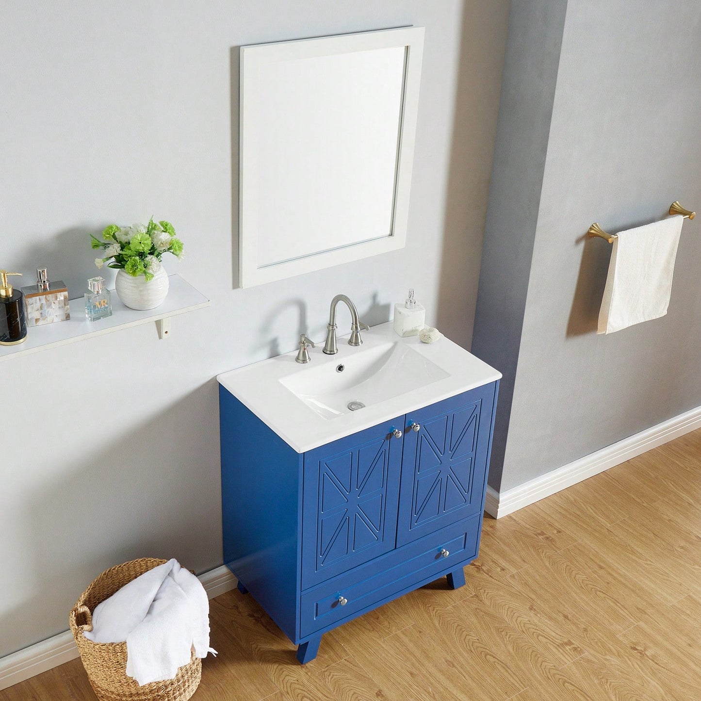 30 Inch Bathroom Vanity With Ceramic Basin Spacious Storage MDF And Solid Wood Legs Buffered Doors Easy Assembly