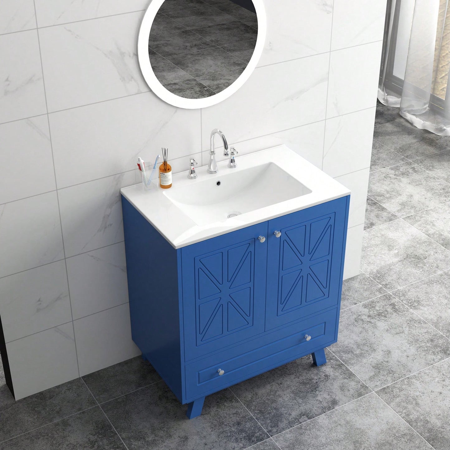 30 Inch Bathroom Vanity With Ceramic Basin Spacious Storage MDF And Solid Wood Legs Buffered Doors Easy Assembly