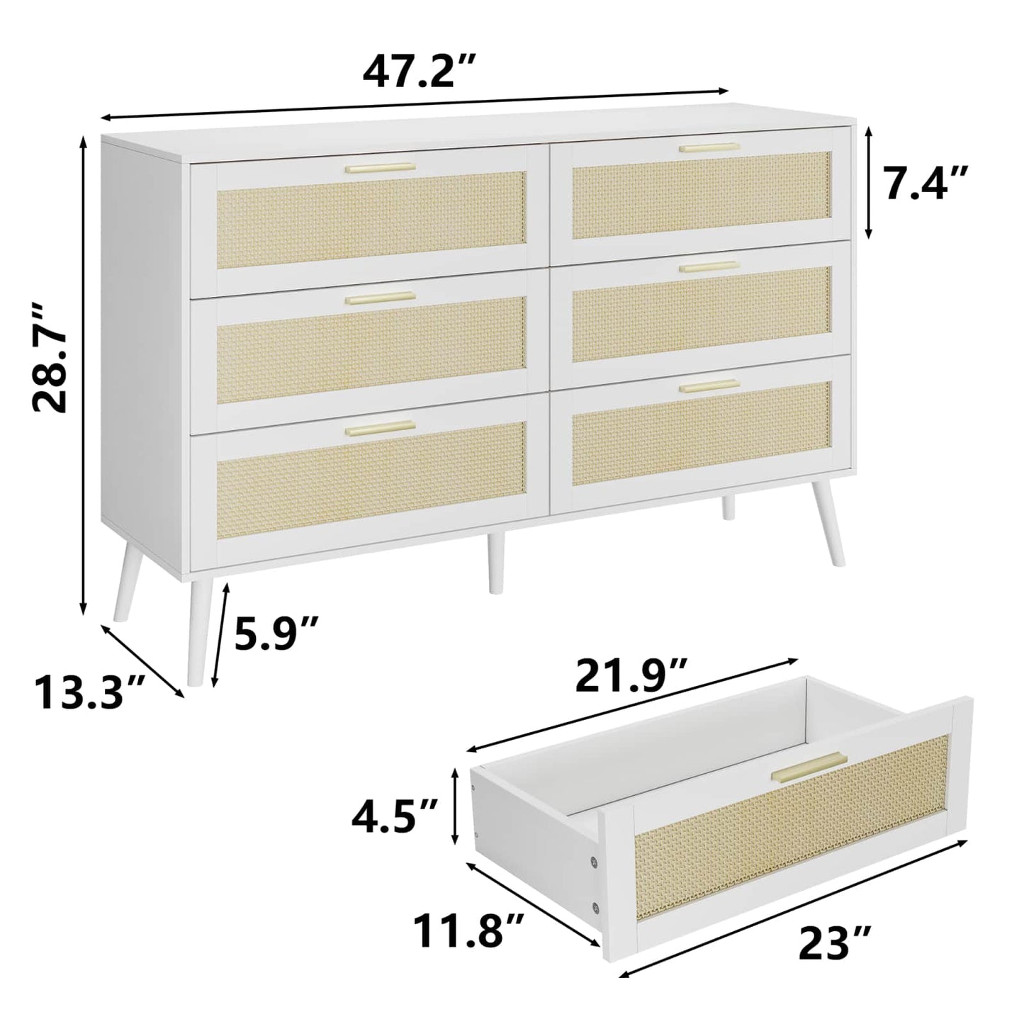 Stylish 6 Drawer Rattan Dresser Chest with Gold Handles Anti-Tipping Design Multi-Purpose Storage for Bedroom Entryway and Living Room