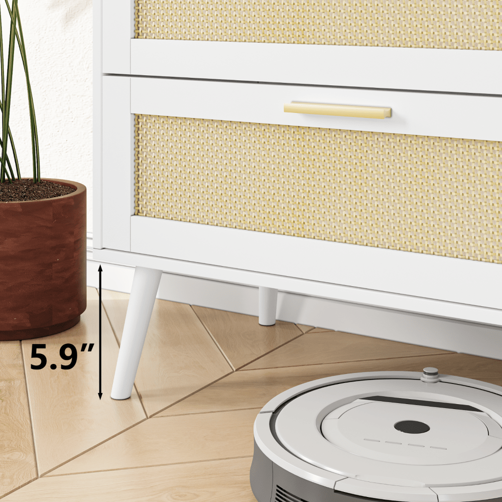 Stylish 6 Drawer Rattan Dresser Chest with Gold Handles Anti-Tipping Design Multi-Purpose Storage for Bedroom Entryway and Living Room