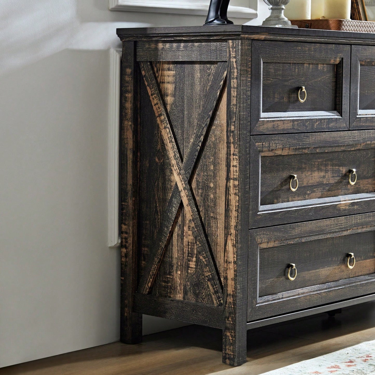 Rustic 7 Drawer Farmhouse Dresser Storage Organizer with Metal Handles for Bedroom Living Room and Hallway