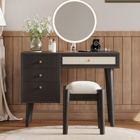 39 Inch Bohemian Wooden Makeup Vanity Set with USB Charging Port and Stool Elegant Black Finish and 4 Storage Drawers