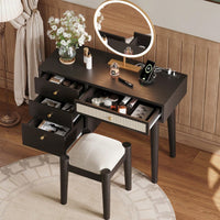 39 Inch Bohemian Wooden Makeup Vanity Set with USB Charging Port and Stool Elegant Black Finish and 4 Storage Drawers