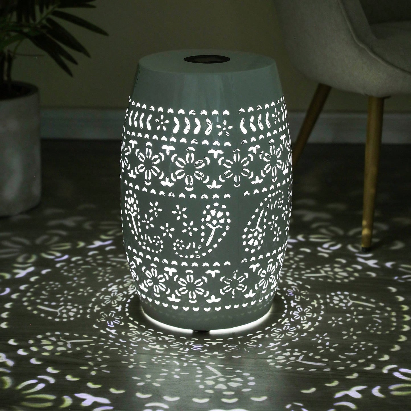 Solar Outdoor Side Table with LED Light Metal Hollow Design for Garden Deck Balcony 8-10 Hours Battery Not Included