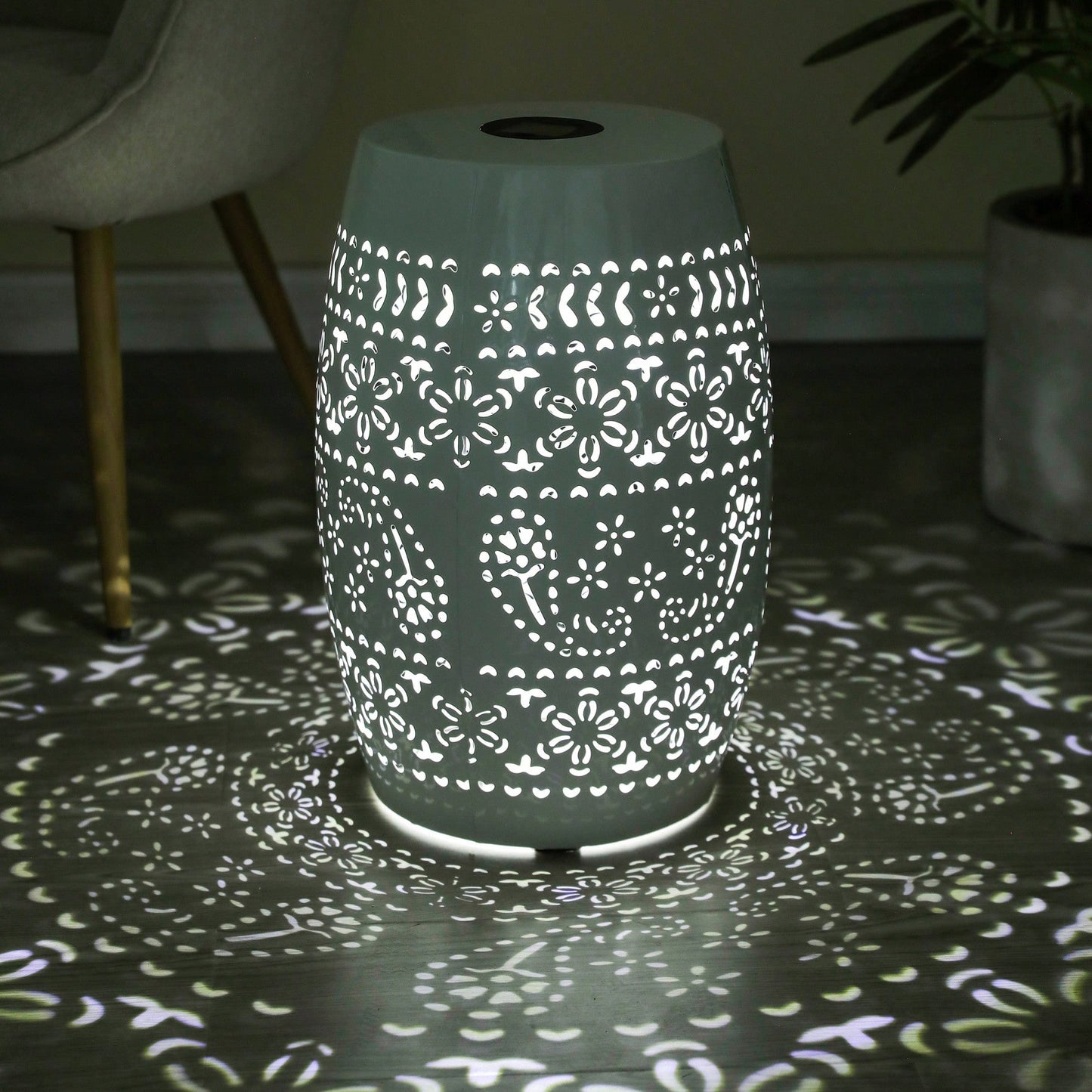 Solar Outdoor Side Table with LED Light Metal Hollow Design for Garden Deck Balcony 8-10 Hours Battery Not Included