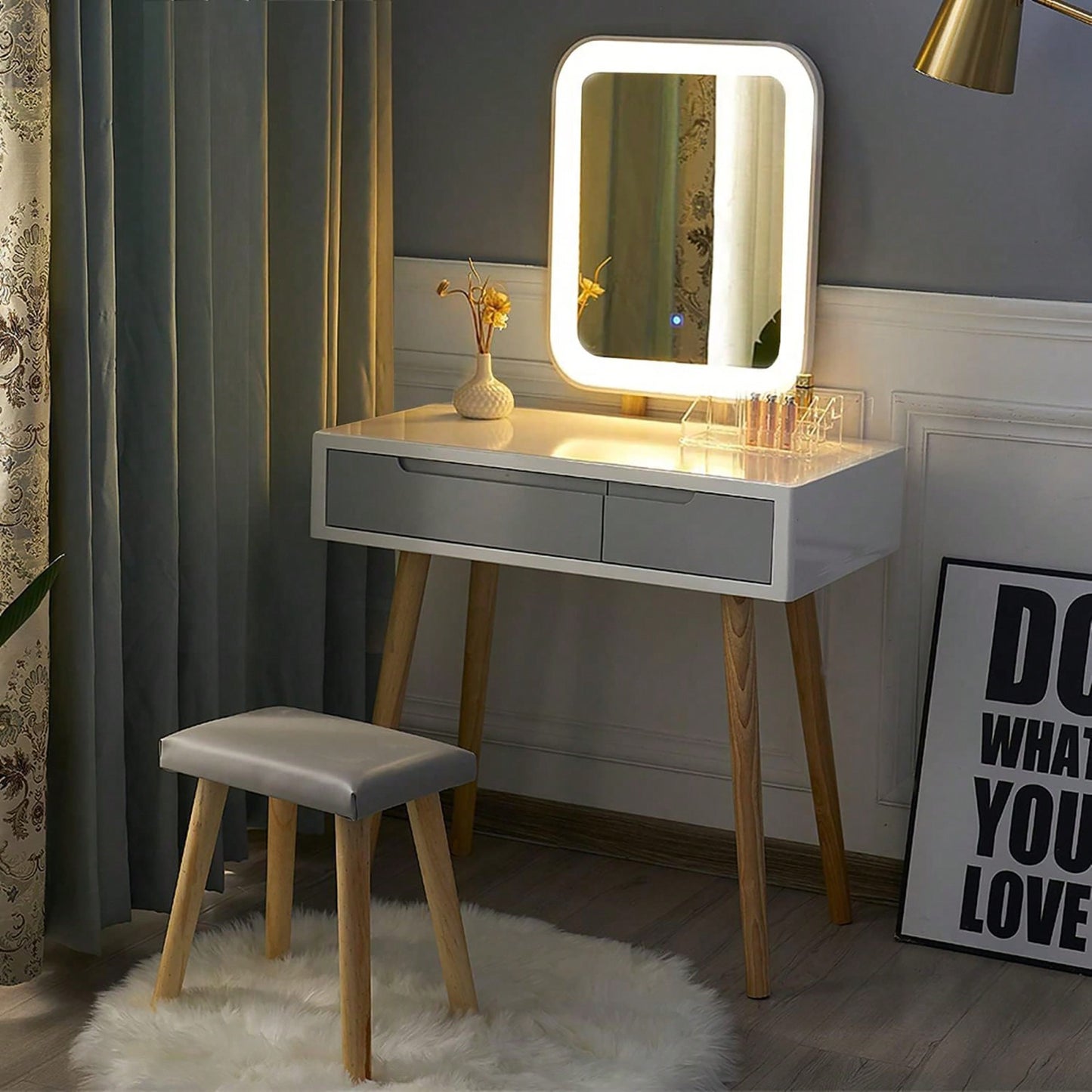 Adjustable Brightness Vanity Table Set with Cushioned Stool and Makeup Organizer Solid Wood Legs 3 Lighting Options Perfect Gift