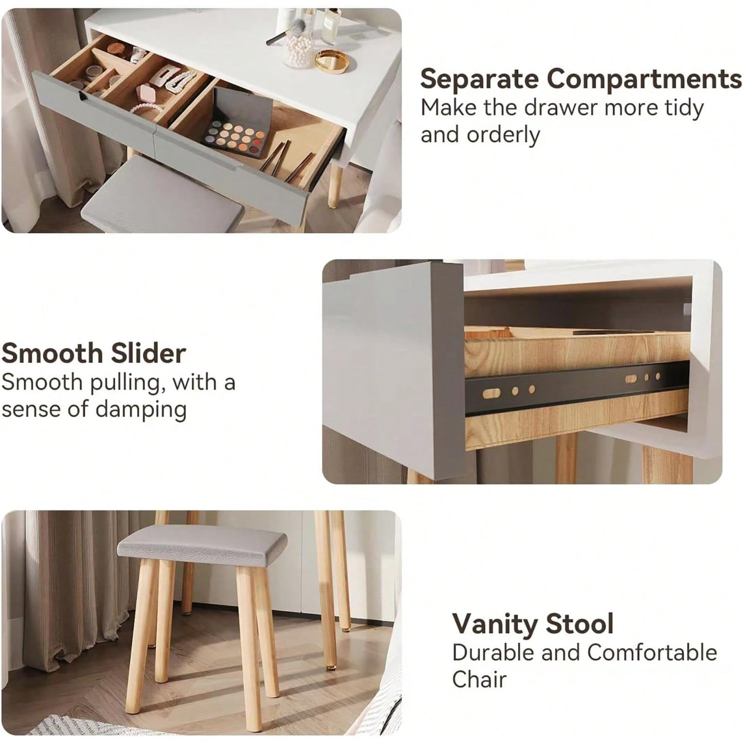Adjustable Brightness Vanity Table Set with Cushioned Stool and Makeup Organizer Solid Wood Legs 3 Lighting Options Perfect Gift
