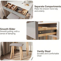 Adjustable Brightness Vanity Table Set with Cushioned Stool and Makeup Organizer Solid Wood Legs 3 Lighting Options Perfect Gift