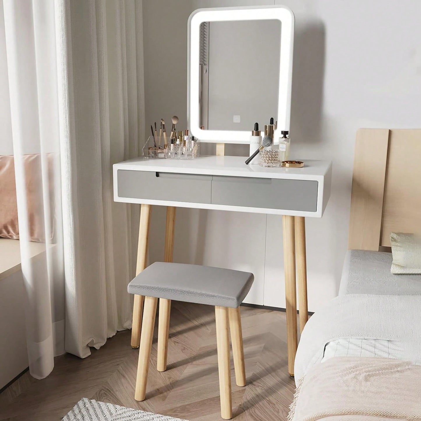 Adjustable Brightness Vanity Table Set with Cushioned Stool and Makeup Organizer Solid Wood Legs 3 Lighting Options Perfect Gift