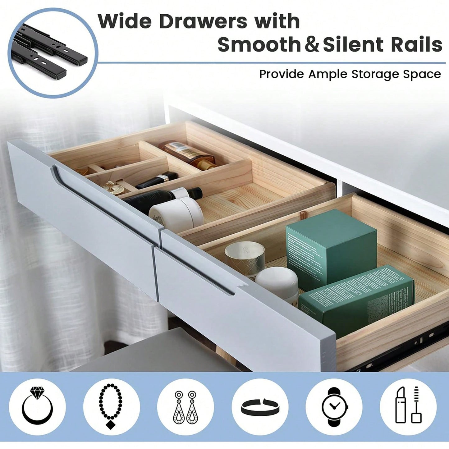 Adjustable Brightness Vanity Table Set with Cushioned Stool and Makeup Organizer Solid Wood Legs 3 Lighting Options Perfect Gift