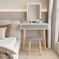 Adjustable Brightness Vanity Table Set with Cushioned Stool and Makeup Organizer Solid Wood Legs 3 Lighting Options Perfect Gift
