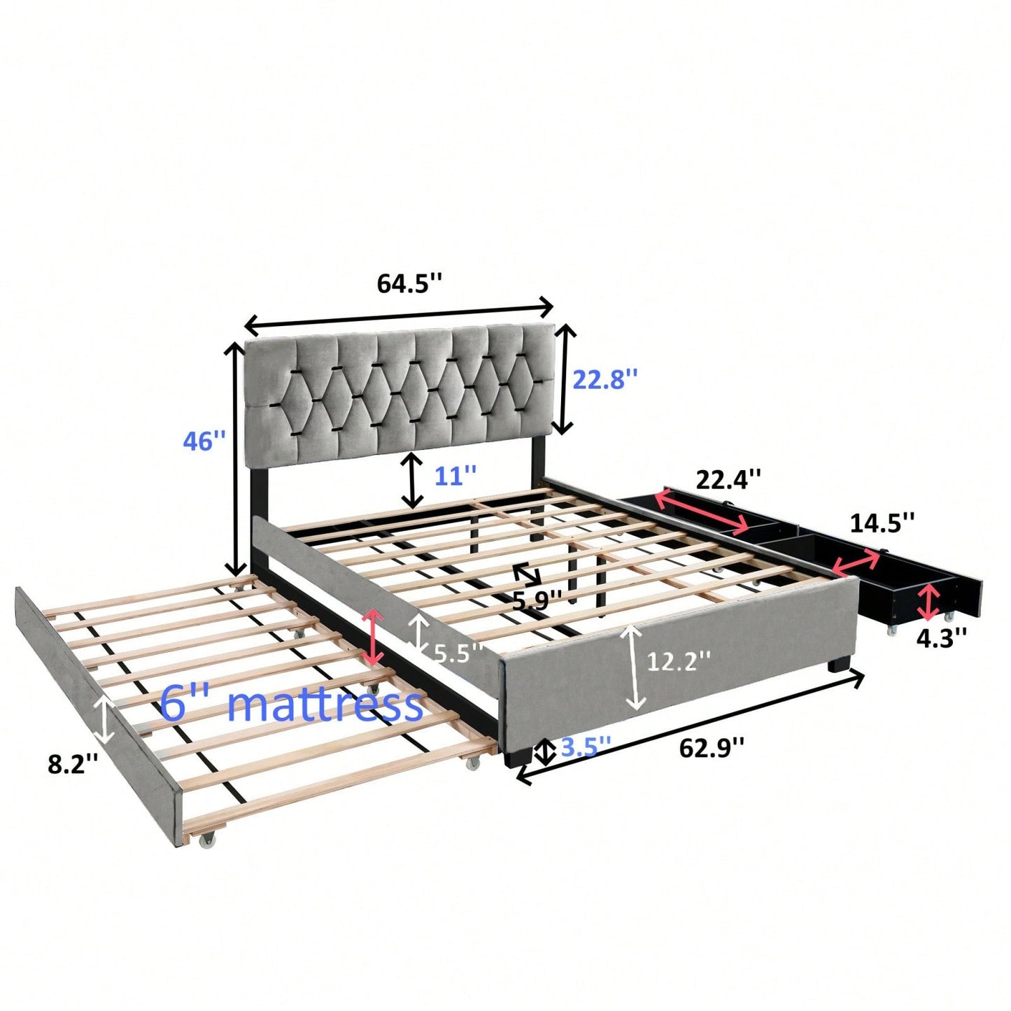 Queen Size Upholstered Trundle Bed With Storage Drawers Modern Design No Box Spring Required Velvet Wood Slats Support Easy Assembly