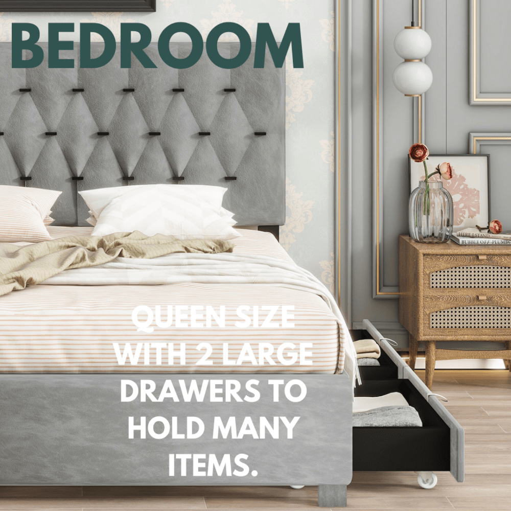 Queen Size Upholstered Trundle Bed With Storage Drawers Modern Design No Box Spring Required Velvet Wood Slats Support Easy Assembly