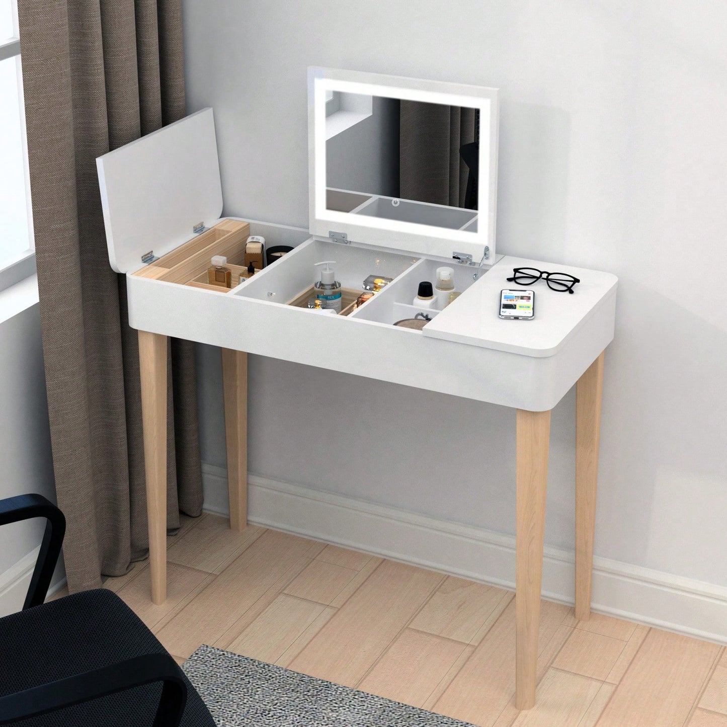 Elegant White Vanity Table with Lights High Definition Flip-Up Mirror Solid Wood Legs and Storage Doors