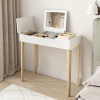 Elegant White Vanity Table with Lights High Definition Flip-Up Mirror Solid Wood Legs and Storage Doors