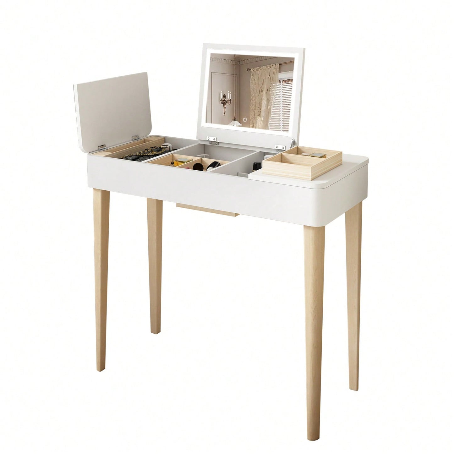 Elegant White Vanity Table with Lights High Definition Flip-Up Mirror Solid Wood Legs and Storage Doors