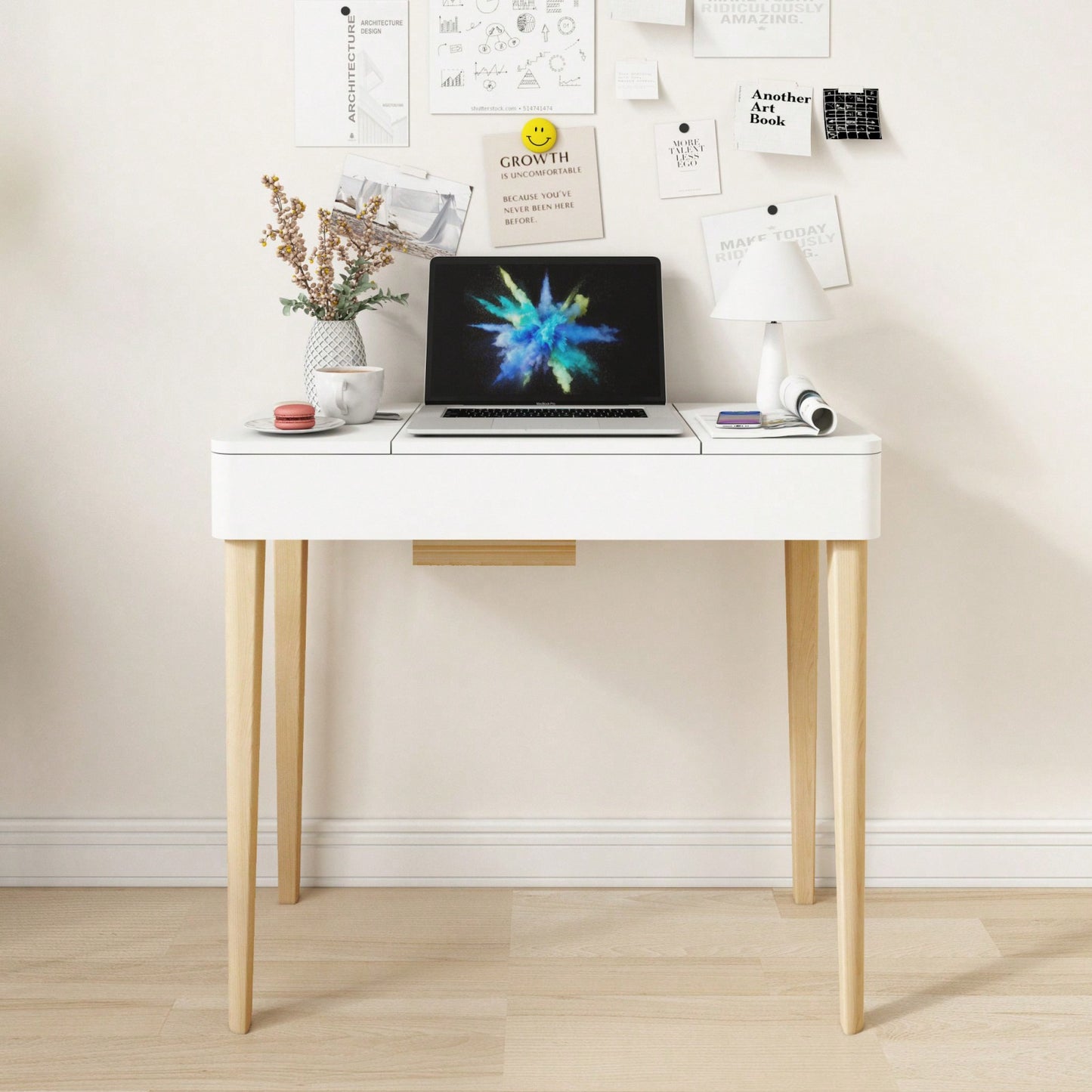 Elegant White Vanity Table with Lights High Definition Flip-Up Mirror Solid Wood Legs and Storage Doors