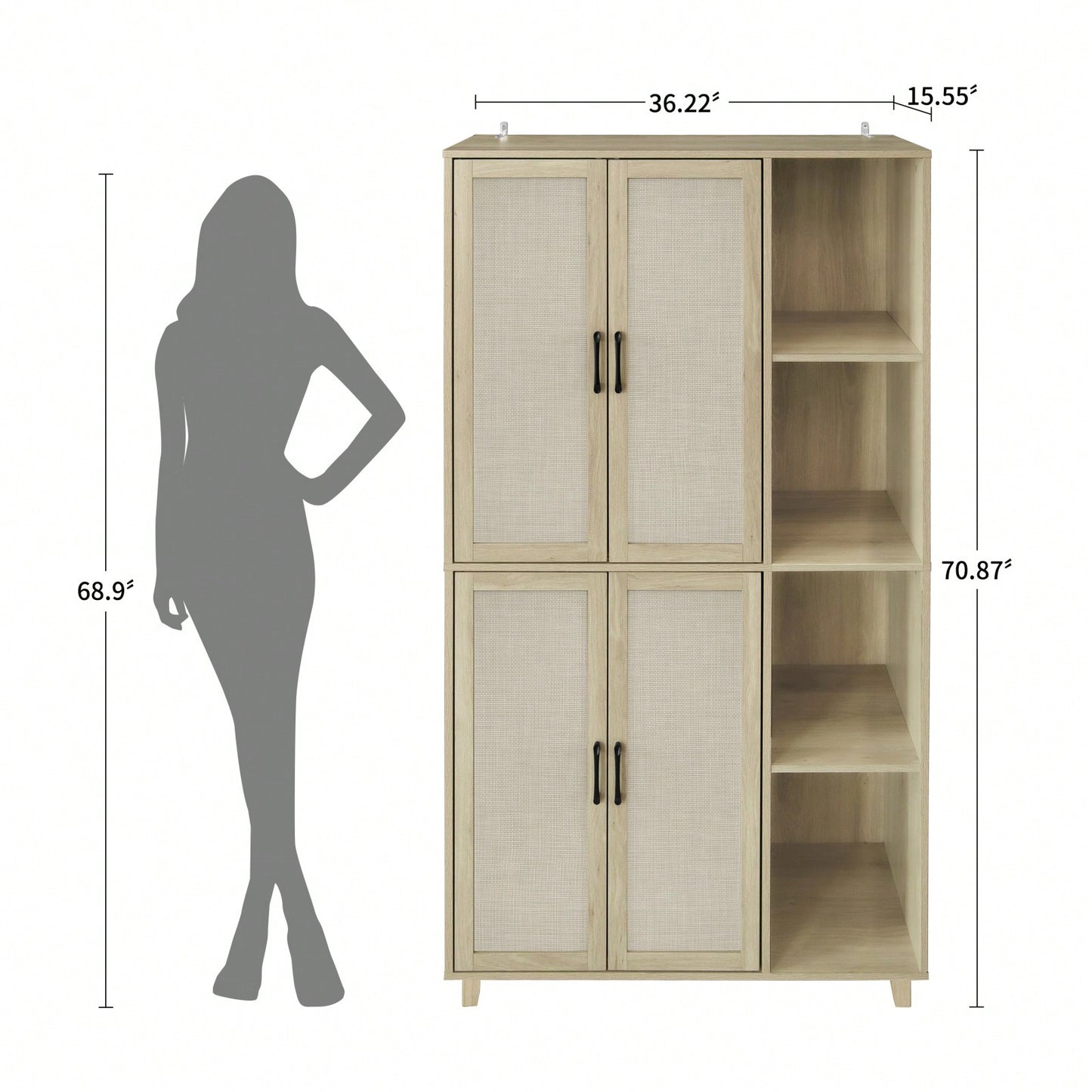 Engineered Rattan 4 Door Storage Cabinet with Adjustable Shelves and Pine Feet Stylish and Durable Design