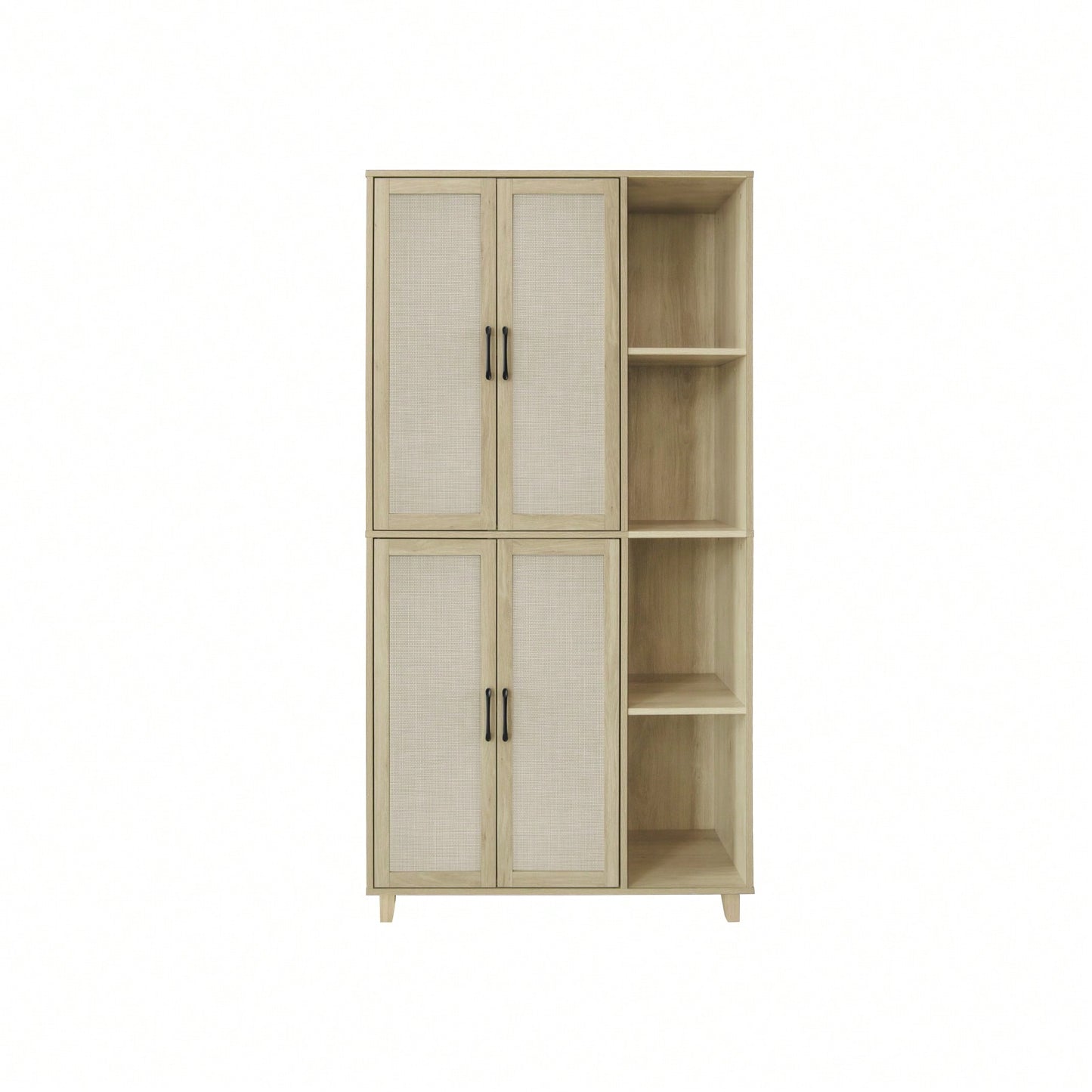 Engineered Rattan 4 Door Storage Cabinet with Adjustable Shelves and Pine Feet Stylish and Durable Design