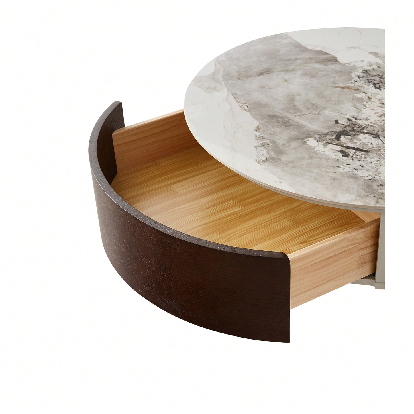 Contemporary Round White Coffee Table with Storage Drawers and Metal Legs for Living Room and Office