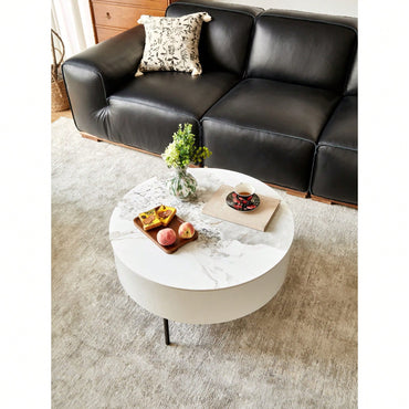 Contemporary Round White Coffee Table with Storage Drawers and Metal Legs for Living Room and Office