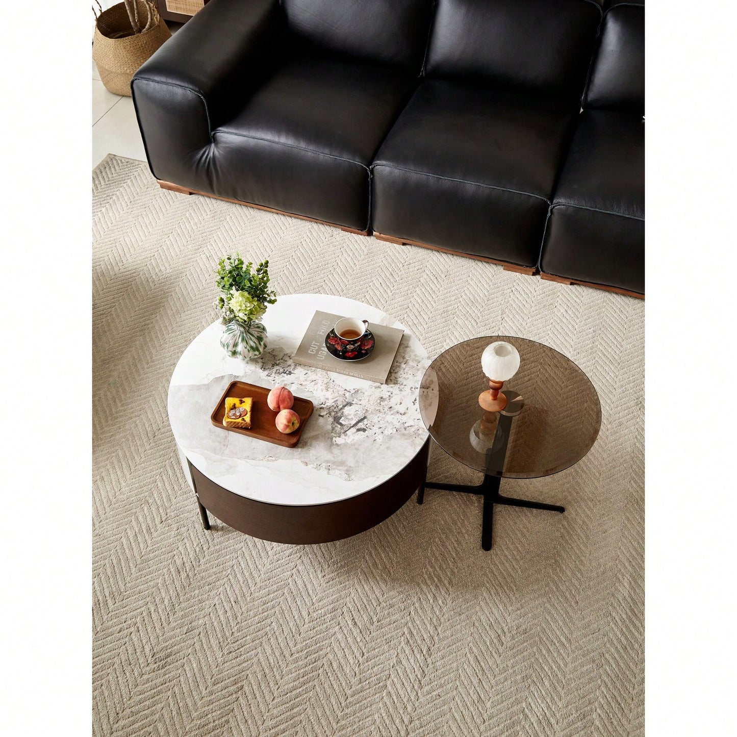 Contemporary Round White Coffee Table with Storage Drawers and Metal Legs for Living Room and Office